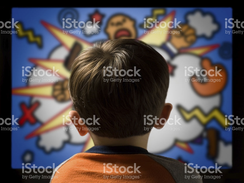 child-from-behind-watching-violent-cartoon-on-television-picture-id92671576