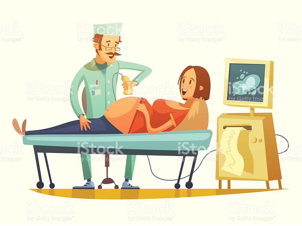 pregnancy-ultrasound-screening-retro-cartoon-illustration-vector-id579140860